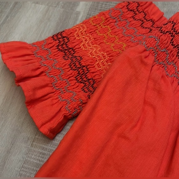 Trina Turk Flame Red Smocked Embroidered Top - Picture 6 of 6